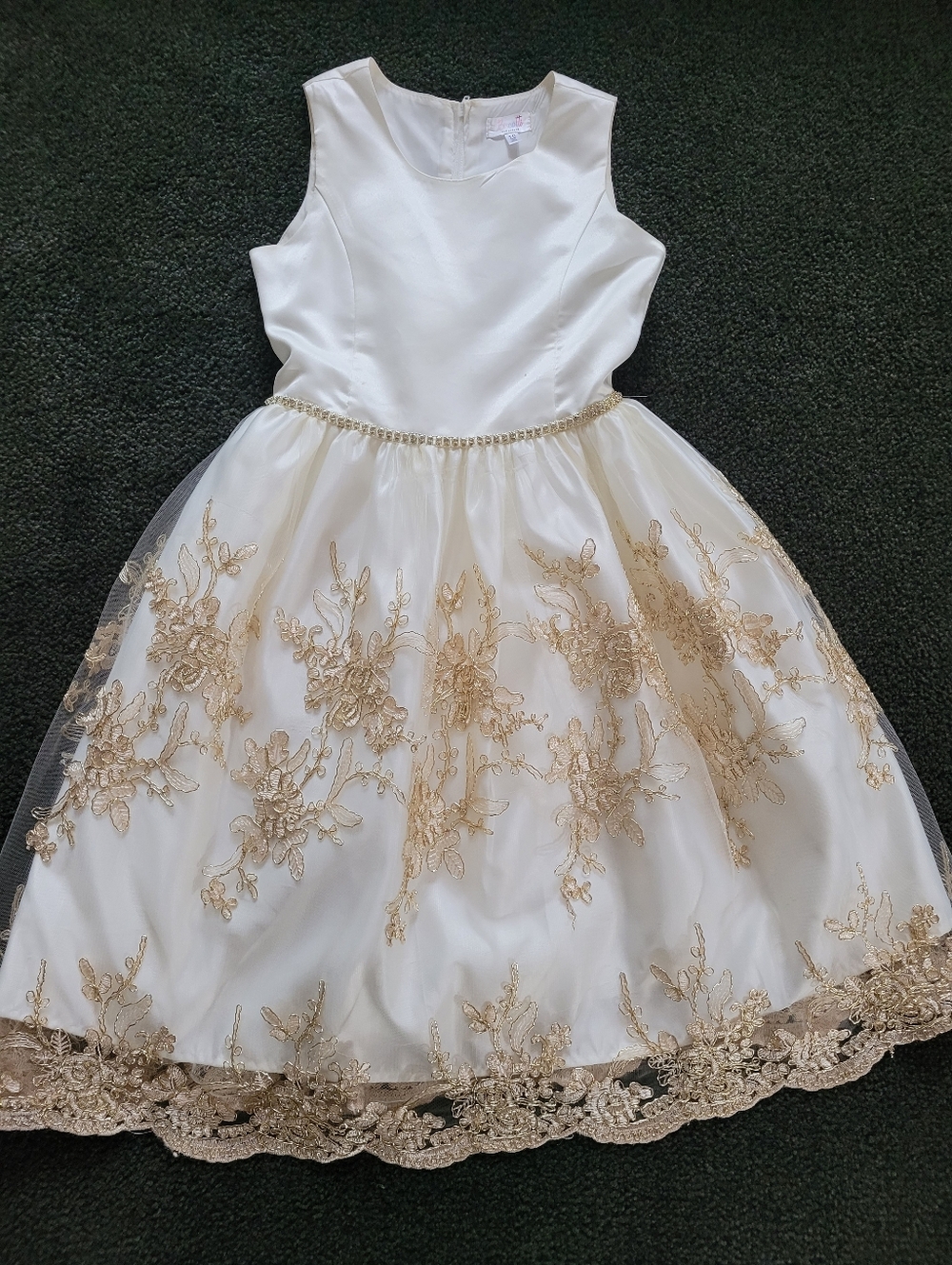 Elegant White & Gold Flower Appliqué Girls Dress
